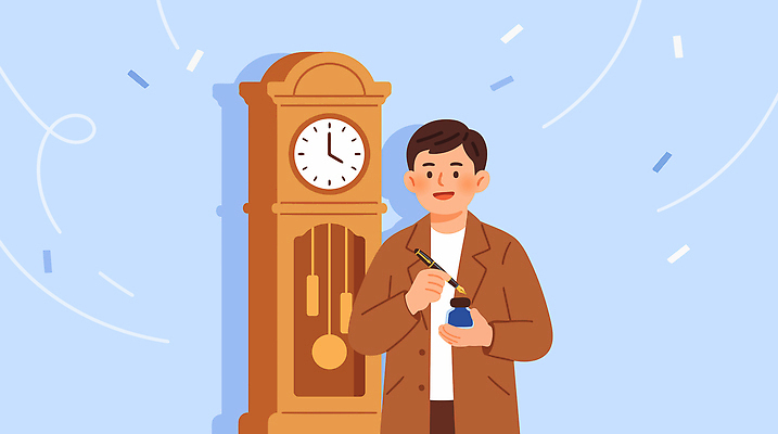 라이프스타일 남자 시계 일러스트 파란색 기계 장비 도구 작업 기술자 클래식 벽시계 그림 아날로그 국내일러스트 AI파일 직업 컬러 컨셉 사람 생활 파일형식 벡터