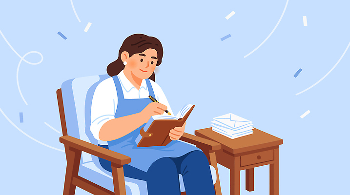 라이프스타일 여자 생각 의자 일러스트 휴식 책 환경 공책 기록 작업 클래식 일기 편안함 집중 조용 아날로그 국내일러스트 AI파일 가구 컨셉 문구용품 사람 생활 감각 파일형식 벡터