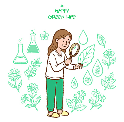 식물 감정 컬러 모션 자연 사람 환경 보호 생태계 파일형식 벡터 여자 관찰 꽃 물방울 과학 초록색 에코 행복 건강 생활 실험 잎 AI파일 국내일러스트 일러스트 자연보호 돋보기 확대경