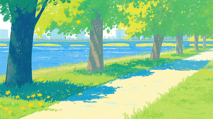 JPG 나무 꽃 길 일러스트 자연 하늘 휴식 풍경 물 여름 강 햇빛 산책 강가 조용 싱그러움 오후 국내일러스트 AI일러스트 AI콘텐츠 자연요소 식물 계절 컨셉 태양 생태계 파일형식