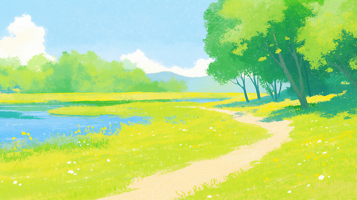 JPG 나무 꽃 길 일러스트 자연 하늘 풍경 초원 물 여름 강 운동 햇빛 산책 싱그러움 오후 국내일러스트 AI일러스트 AI콘텐츠 자연요소 식물 계절 휴식 건강 태양 생태계 파일형식