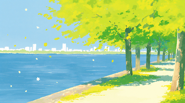 JPG 나무 길 일러스트 자연 하늘 휴식 풍경 잔디 물 여름 파란색 강 햇빛 봄 산책 산책로 도시 강가 싱그러움 오후 국내일러스트 AI일러스트 AI콘텐츠 자연요소 식물 계절 컬러 컨셉 태양 생태계 파일형식