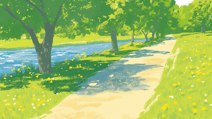 JPG 나무 공원 꽃 길 여유 일러스트 자연 풍경 초원 여름 강 햇빛 산책 산책로 싱그러움 오후 국내일러스트 AI일러스트 AI콘텐츠 식물 계절 공공시설 감정 휴식 태양 생태계 파일형식