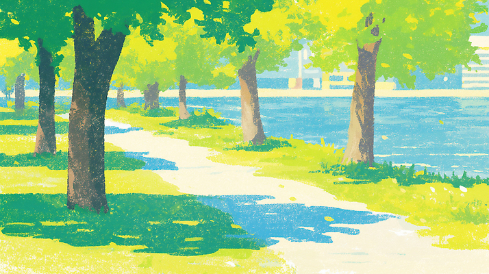 JPG 나무 공원 길 여유 일러스트 자연 하늘 풍경 초록색 여름 강 환경 맑음 산책 산책로 도시 강가 그늘 싱그러움 오후 국내일러스트 AI일러스트 AI콘텐츠 식물 계절 공공시설 감정 컬러 날씨 휴식 생태계 파일형식