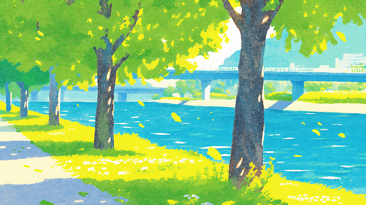 JPG 나무 공원 길 일러스트 자연 풍경 초록색 물 여름 강 햇빛 걷기 산책 도시 즐거움 싱그러움 오후 국내일러스트 AI일러스트 AI콘텐츠 자연요소 식물 계절 공공시설 감정 컬러 모션 휴식 태양 생태계 파일형식