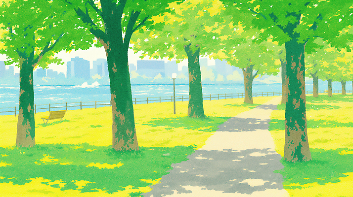 JPG 나무 공원 일러스트 자연 휴식 거리 풍경 야외 여름 빛 강 햇빛 산책 산책로 도시 강가 싱그러움 오후 휴식처 국내일러스트 AI일러스트 AI콘텐츠 식물 계절 공공시설 길 컨셉 태양 생태계 파일형식
