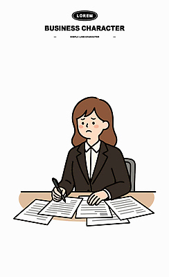 캐릭터 여자 의자 일러스트 비즈니스 탁자 회의 직장 일상 사무실 펜 표현 메모지 업무 작업 사무원 집중 문서 국내일러스트 AI파일 직업 가구 컨셉 회사 사람 라이프 필기구 사무용품 파일형식 벡터
