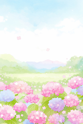 JPG 꽃 분홍색 일러스트 자연 하늘 수채화 산 초록색 햇빛 봄 땅 수국 뷰티풀 풍경화 국내일러스트 AI일러스트 AI콘텐츠 식물 계절 컬러 태양 그림 생태계 파일형식