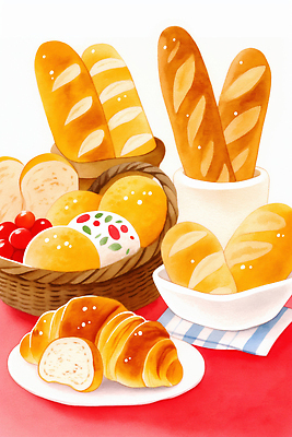 JPG 접시 음식 빵 일러스트 디저트 요리 빨간색 바구니 아침식사 바게트 크루아상 식빵 오브젝트 담기 국내일러스트 AI일러스트 AI콘텐츠 식기 컬러 모션 식사 파일형식