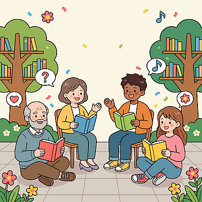 나무 노년 감정 어린이 생각 의자 일러스트 모션 책장 아이디어 대화 풍경 여러명 책 학습 독서 공간 모임 시간 읽기 즐거움 공유 국내일러스트 AI파일 식물 교육 가구 다수 컨셉 말하기 사람 성인 파일형식 벡터