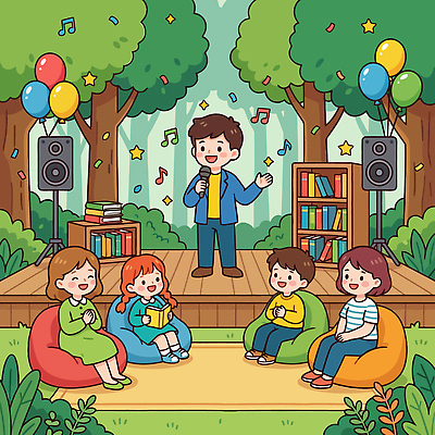 나무 어린이 음악 일러스트 노래 모션 자연 표정 사람 이벤트 책 여름 친구 독서 파티 소리 공연 감상 무대 숲 즐거움 풍선 국내일러스트 AI파일 식물 계절 감정 관계 문화예술 생태계 파일형식 벡터