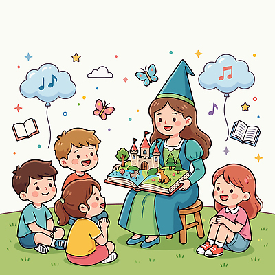 공공시설 감정 컨셉 관계 모션 놀이 책 야외활동 생태계 파일형식 벡터 마법사 동화책 이야기 공원 오후 마법 동화 귀여움 놀이터 자연 친구 즐거움 읽기 상상 모임 소풍 국내일러스트 일러스트 AI파일 독서