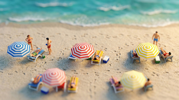 JPG 편집이미지 물결 바다 여행 휴식 사람 해변 여름 태양 모형 미니어처 파라솔 Sand 편집실사 AI컴퓨터그래픽 AI콘텐츠 자연요소 계절 컨셉 CG 파일형식