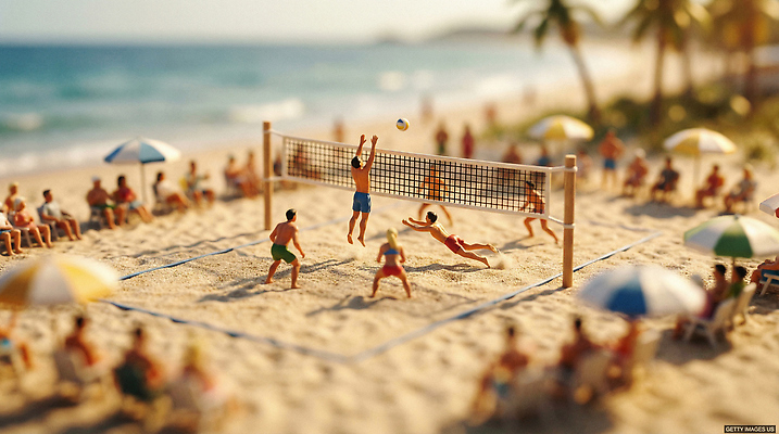 JPG 편집이미지 스포츠 바다 놀이 여러명 해변 여름 모래사장 모형 미니어처 배구 즐거움 관람 편집실사 AI컴퓨터그래픽 AI콘텐츠 계절 감정 다수 사람 구기 CG 파일형식