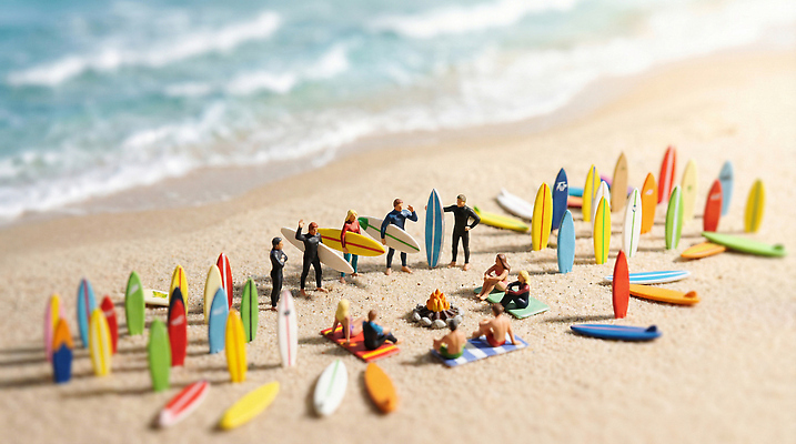 JPG 편집이미지 모래 스포츠 파도 바다 모션 놀이 여러명 해변 여름 미니어처 서핑 모닥불 편집실사 AI컴퓨터그래픽 AI콘텐츠 계절 다수 불 사람 모형 수상스포츠 CG 파일형식