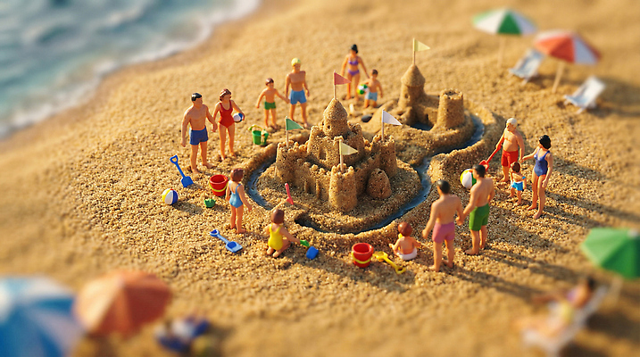 JPG 편집이미지 어린이 모래 바다 가족 놀이 휴가 성인 해변 여름 장난감 햇빛 미니어처 삽 물통 즐거움 모래성 편집실사 AI컴퓨터그래픽 AI콘텐츠 계절 감정 관계 사람 태양 모형 CG 파일형식