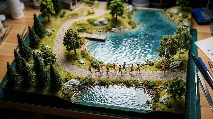 JPG 나무 편집이미지 길 호수 사람 풍경 모형 걷기 마을 자전거 미니어처 러닝 편집실사 AI컴퓨터그래픽 AI콘텐츠 식물 모션 바이크 CG 파일형식