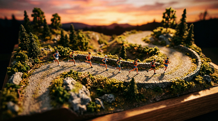 JPG 나무 편집이미지 산 사람 풍경 달리기 모형 일몰 미니어처 저녁 러닝 편집실사 AI컴퓨터그래픽 AI콘텐츠 식물 모션 노을 밤 야간 CG 파일형식