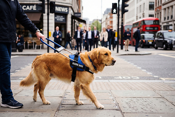 JPG 편집이미지 도로 이동 거리 사람 걷기 보행로 도심 개 장애인 주인 교통신호 시각장애인 안내견 의료성형뷰티 편집실사 AI인물포토 AI콘텐츠 길 교통 컨셉 포유류 교통시설 모션 도시 CG 장애 파일형식 AI포토