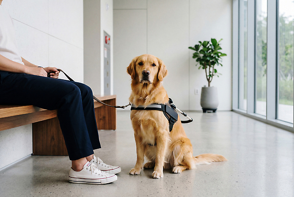 JPG 동물 편집이미지 의자 실내 사람 앉기 산책 기다림 개 리트리버 강아지 주인 안내견 의료성형뷰티 편집실사 AI인물포토 AI콘텐츠 가구 포유류 모션 휴식 내부 반려동물 CG 파일형식 AI포토