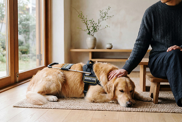 JPG 동물 편집이미지 남자 실내 사람 친구 반려동물 강아지 편안함 나무바닥 안내견 의료성형뷰티 쓰다듬기 편집실사 AI인물포토 AI콘텐츠 관계 모션 바닥 내부 감각 개 CG 파일형식 AI포토