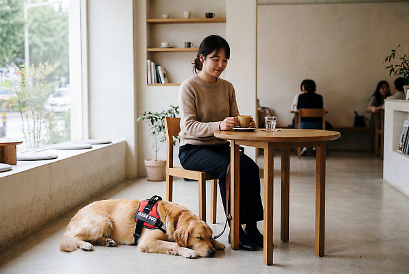JPG 편집이미지 여자 음료 의자 탁자 휴식 함께함 일상 카페 편안함 목줄 안내견 의료성형뷰티 편집실사 AI인물포토 AI콘텐츠 가구 컨셉 사람 라이프 상점 감각 개 CG 파일형식 반려용품 AI포토
