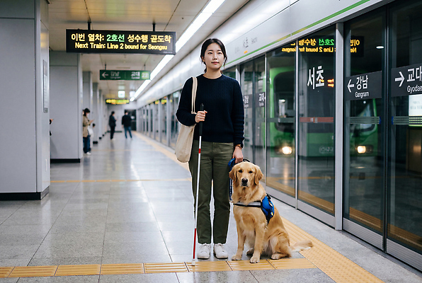JPG 편집이미지 여자 이동 대중교통 사람 걷기 전철 기차역 전철역 백신 선로 안내견 의료성형뷰티 편집실사 AI인물포토 AI콘텐츠 육상교통 교통수단 컨셉 의학 모션 개 역 CG 파일형식 AI포토