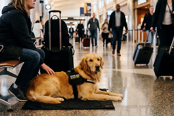 JPG 편집이미지 이동 사람 여행객 상점 짐 도움 공항 안내견 의료성형뷰티 편집실사 AI인물포토 AI콘텐츠 컨셉 교통시설 개 CG 파일형식 AI포토