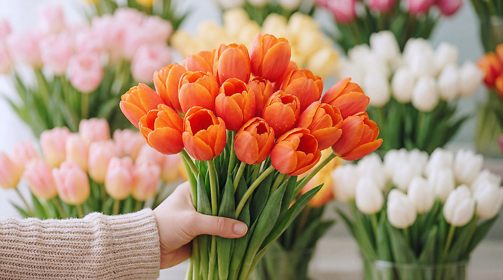 JPG 편집이미지 손 꽃 분홍색 꽃다발 백그라운드 실내 노란색 주황색 튤립 흰색 선택 구매 꽃집 원예 뷰티풀 편집실사 AI인물포토 AI콘텐츠 식물 컬러 컨셉 취미 내부 신체부위 쇼핑 상점 CG 파일형식 AI포토