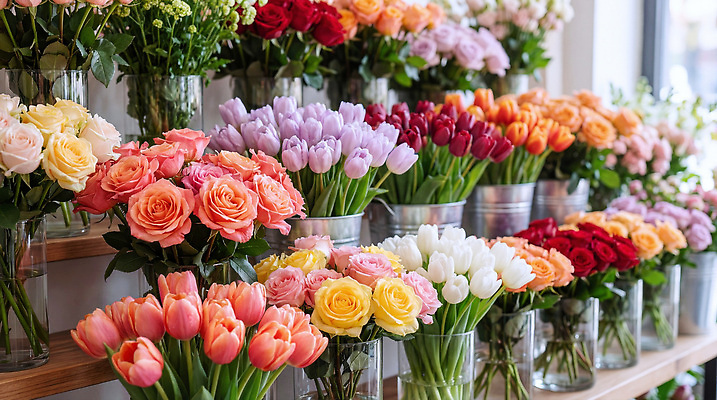 JPG 식물 편집이미지 꽃 분홍색 유리병 빨간색 장미 노란색 보라색 전시 튤립 흰색 꽃집 편집실사 AI포토 AI콘텐츠 컬러 병_용기 상점 CG 파일형식