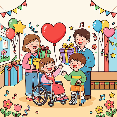 기념일 감정 컨셉 관계 문화예술 표정 사람 이벤트 치료 파일형식 벡터 생일 파티 가족 선물 휠체어 웃음 장식 풍선 음악 축하 기쁨 즐거움 모임 행복 시간 어린이 친구 국내일러스트 일러스트 AI파일 응원 재활