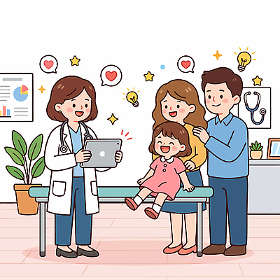 감정 의학 가족 관계 표정 병원 사람 치료 진료 의료진 검사_조사 파일형식 벡터 의사 어린이 부모 건강 웃음 상담 진료실 행복 건강검진 소아과 국내일러스트 일러스트 AI파일 응원 재활