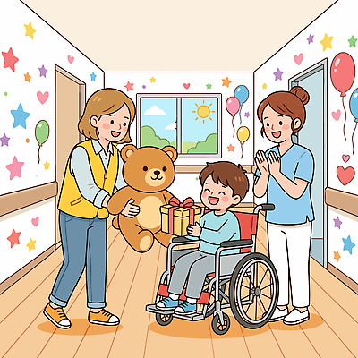 자연요소 감정 인형 컬러 의학 표정 사람 치료 의료진 파일형식 벡터 병원 어린이 휠체어 선물 곰인형 웃음 기쁨 간호사 보호자 놀이방 장식 창문 태양 빨간색 별 국내일러스트 일러스트 AI파일 응원 재활