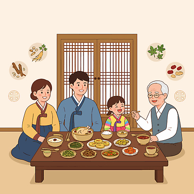 감정 음식 여행 식재료 관계 탁자 표정 말하기 사람 야간 준비 파일형식 벡터 가족 저녁 한식 전통 식사 대화 웃음 어린이 성인 반찬 식탁 나눔 행복 문화 식사준비 육류 채소 밥 국내일러스트 일러스트 AI파일 효도관광