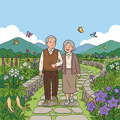 식물 동물 부부 커플 꽃 감정 여행 곤충 컨셉 관계 모션 휴식 생태계 파일형식 벡터 노부부 걷기 나비 조류 산 길 자연 꽃밭 동행 행복 오후 풍경 친구 사랑 화사함 산책 국내일러스트 일러스트 AI파일 효도관광