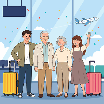 감정 여행 컨셉 가방 관계 항공교통 교통시설 모션 대중교통 사람 이벤트 성인 파일형식 벡터 공항 가족 노년 짐가방 손흔들기 순간 기쁨 준비 프런트 비행기 창문 시선 친구 만남 기념일 국내여행 출발 희망 국내일러스트 일러스트 AI파일 효도관광