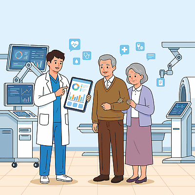 부부 노년 일러스트 의학 통계 기술 건강 병원 대화 치료 디지털 스크린 환자 의사 정보 검사_조사 상담 효도관광 세대 보건 국내일러스트 AI파일 커플 여행 말하기 성인 의료진 파일형식 벡터