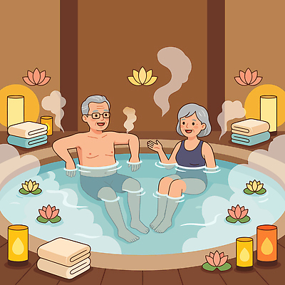 꽃 행복 여유 일러스트 초 휴식 대화 생활 물 수건 노부부 온천 목욕 시간 편안함 즐거움 힐링 효도관광 친목 순간 국내일러스트 AI파일 자연요소 식물 부부 감정 여행 컨셉 말하기 위생용품 스파 청결 감각 파일형식 벡터