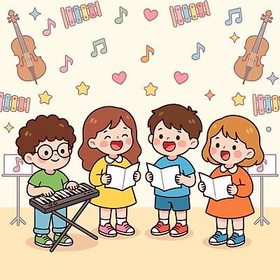 교육 감정 음악 노래 학교 문화예술 사람 이벤트 파일형식 벡터 어린이 악기 합창 교실 즐거움 키보드 멜로디 모션 공연 연주 동요 리듬 소리 악보 국내일러스트 일러스트 AI파일 장기자랑