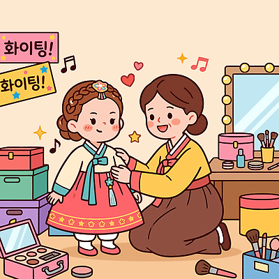 전통 문화 어린이 음악 일러스트 가족 엄마 한국 웃음 장식 화장 화장품 방 아기 시간 한복 즐거움 아동복 장기자랑 국내일러스트 AI파일 한국전통 옷 감정 아시아 관계 문화예술 표정 사람 뷰티 전통의상 파일형식 벡터