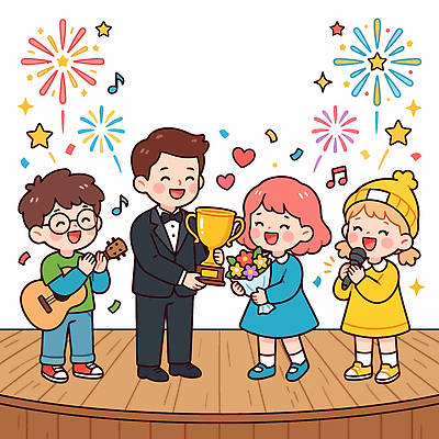 행복 어린이 음악 꽃다발 일러스트 불꽃놀이 웃음 이벤트 친구 공연 기쁨 무대 기타 축하 그룹 트로피 장기자랑 참여 동심 국내일러스트 AI파일 꽃 감정 컨셉 관계 놀이 현악기 문화예술 표정 사람 상_우승 파일형식 벡터