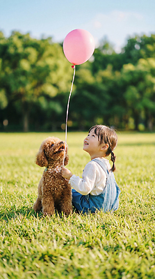 JPG 나무 편집이미지 공원 반려견 어린이 자연 함께함 웃음 소녀 잔디 친구 강아지 즐거움 푸들 풍선 놀기 의료성형뷰티 편집실사 AI인물포토 AI콘텐츠 식물 공공시설 여자 감정 컨셉 관계 모션 표정 사람 반려동물 개 CG 생태계 파일형식 AI포토