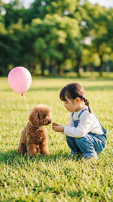 JPG 나무 동물 편집이미지 공원 어린이 소녀 잔디 친구 강아지 즐거움 푸들 풍선 놀기 의료성형뷰티 편집실사 AI인물포토 AI콘텐츠 식물 공공시설 여자 감정 관계 모션 사람 반려동물 개 CG 파일형식 AI포토