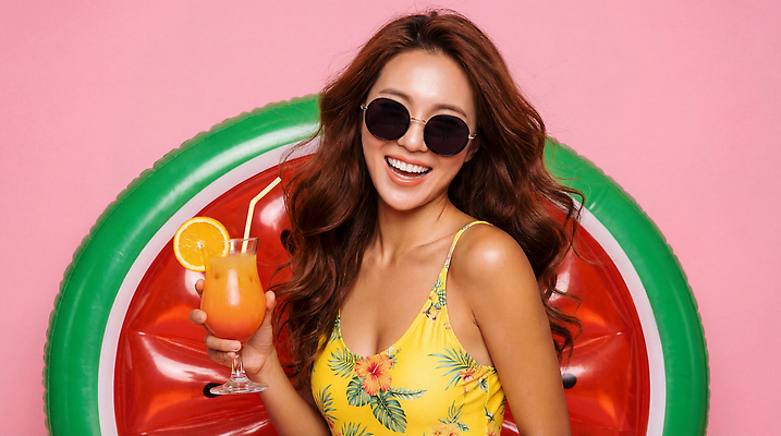 JPG 편집이미지 여자 수영복 음료 과일 수박 웃음 해변 여름 선글라스 즐거움 튜브 의료성형뷰티 편집실사 AI인물포토 AI콘텐츠 옷 계절 감정 안경 바다 표정 사람 CG 파일형식 AI포토