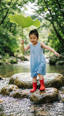 JPG 나무 편집이미지 어린이 자연 물놀이 장화 소녀 빨간색 물 여름 계곡 개울 연잎 놀기 의료성형뷰티 편집실사 AI인물포토 AI콘텐츠 자연요소 식물 계절 여자 컬러 신발 잎 모션 놀이 사람 강 CG 생태계 파일형식 AI포토