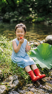JPG 편집이미지 행복 어린이 자연 놀이 웃음 소녀 물 여름 계곡 즐거움 연잎 의료성형뷰티 편집실사 AI인물포토 AI콘텐츠 자연요소 계절 여자 감정 잎 표정 사람 CG 생태계 파일형식 AI포토