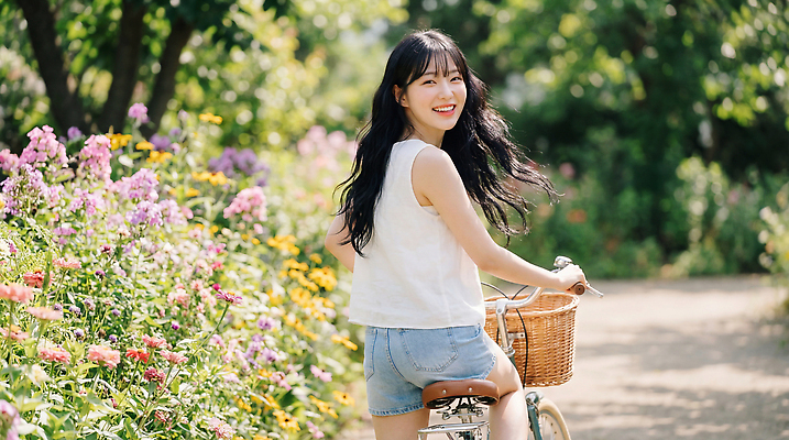 JPG 식물 편집이미지 여자 꽃 길 미소 야외 여름 파란색 정원 자전거 즐거움 의료성형뷰티 편집실사 AI인물포토 AI콘텐츠 계절 감정 컬러 표정 사람 바이크 CG 파일형식 AI포토