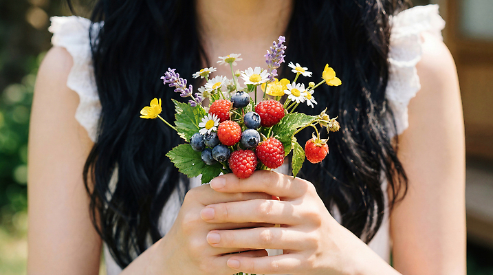 JPG 식물 편집이미지 손 여자 열매 꽃 꽃다발 야외 초록색 노란색 보라색 블루베리 산딸기 의료성형뷰티 편집실사 AI인물포토 AI콘텐츠 컬러 과일 사람 신체부위 CG 파일형식 AI포토