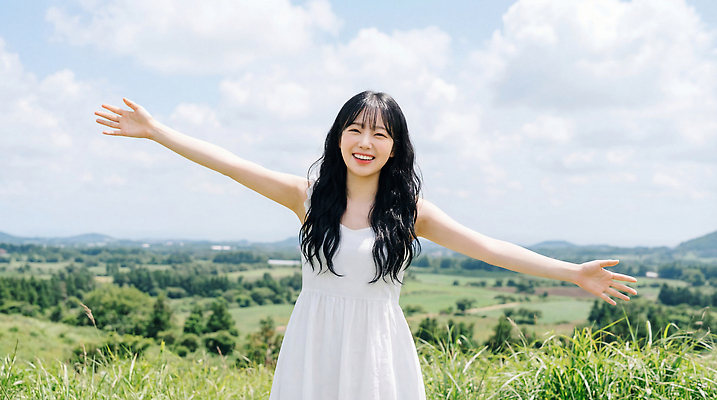JPG 편집이미지 여자 행복 하늘 웃음 풍경 초록색 여름 자유 언덕 의료성형뷰티 편집실사 AI인물포토 AI콘텐츠 계절 감정 컬러 컨셉 표정 사람 CG 파일형식 AI포토