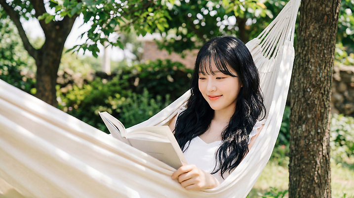 JPG 나무 편집이미지 여자 휴식 책 여름 독서 정원 해먹 의료성형뷰티 차분 편집실사 AI인물포토 AI콘텐츠 식물 계절 컨셉 사람 침대 CG 파일형식 AI포토